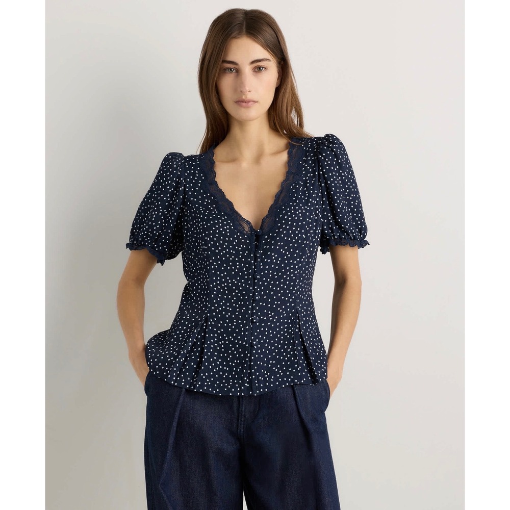 Quince Lightweight Crepe Lace Puff Sleeve Blouse Tiny Dot Deep Navy M